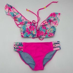 Bingo Surf Pink Tie Back Ruffle Shoulder 2 Piece Swim Suit